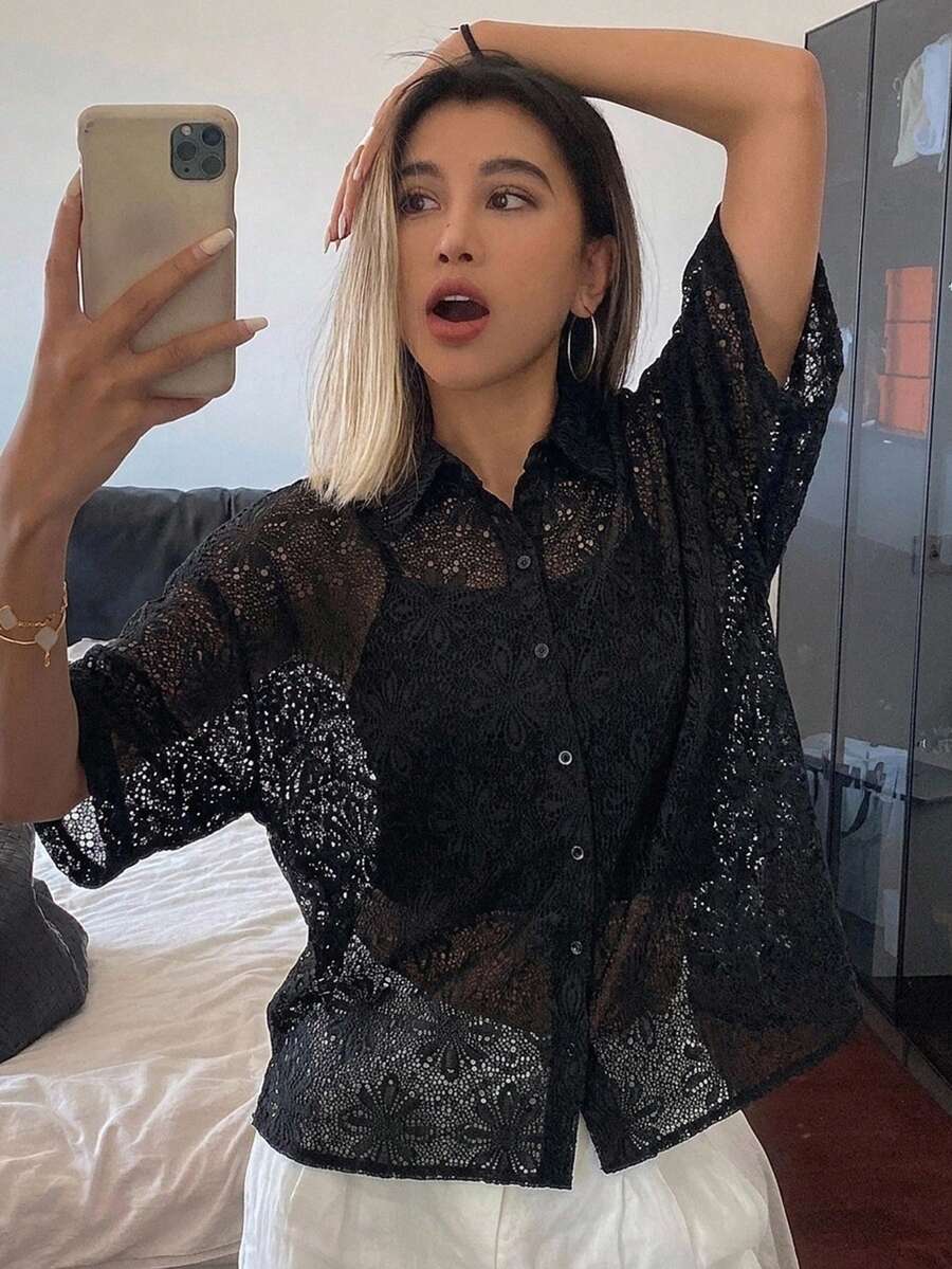 FRIFUL Women's Solid Color Lace Drop Shoulder Loose Shirt Sheer - Black - View 1