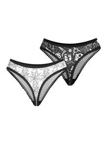 AltCore Halloween Black & White Spider Web Skull Graffiti Print Lace Trim Thong Panties, Dark Style Women's Underwear 2-Piece Set - Multicolor - View 2
