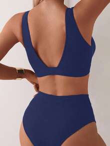 SHEIN Swim 2026 Spring/Summer Navy Blue Deep V-Neck Solid Color Sexy Vacation High-Cut Bikini Swimsuit 2-Piece Set For Women - Navy Blue - View 5