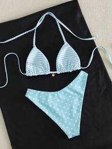 Swim Mod Women's Sweet Blue Polka Dot Reversible Bikini Set - Multicolor - View 2