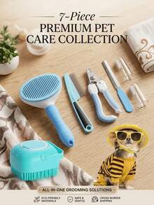 PETSIN Pet Grooming 7-Piece Set, Pet Nail Clippers And Grinder, Flea Comb, Suitable For Cats, Dogs, Rabbits, Pet Grooming SPet Cleaning Accessories, Pet Supplies - Blue seven-piece set - View 1