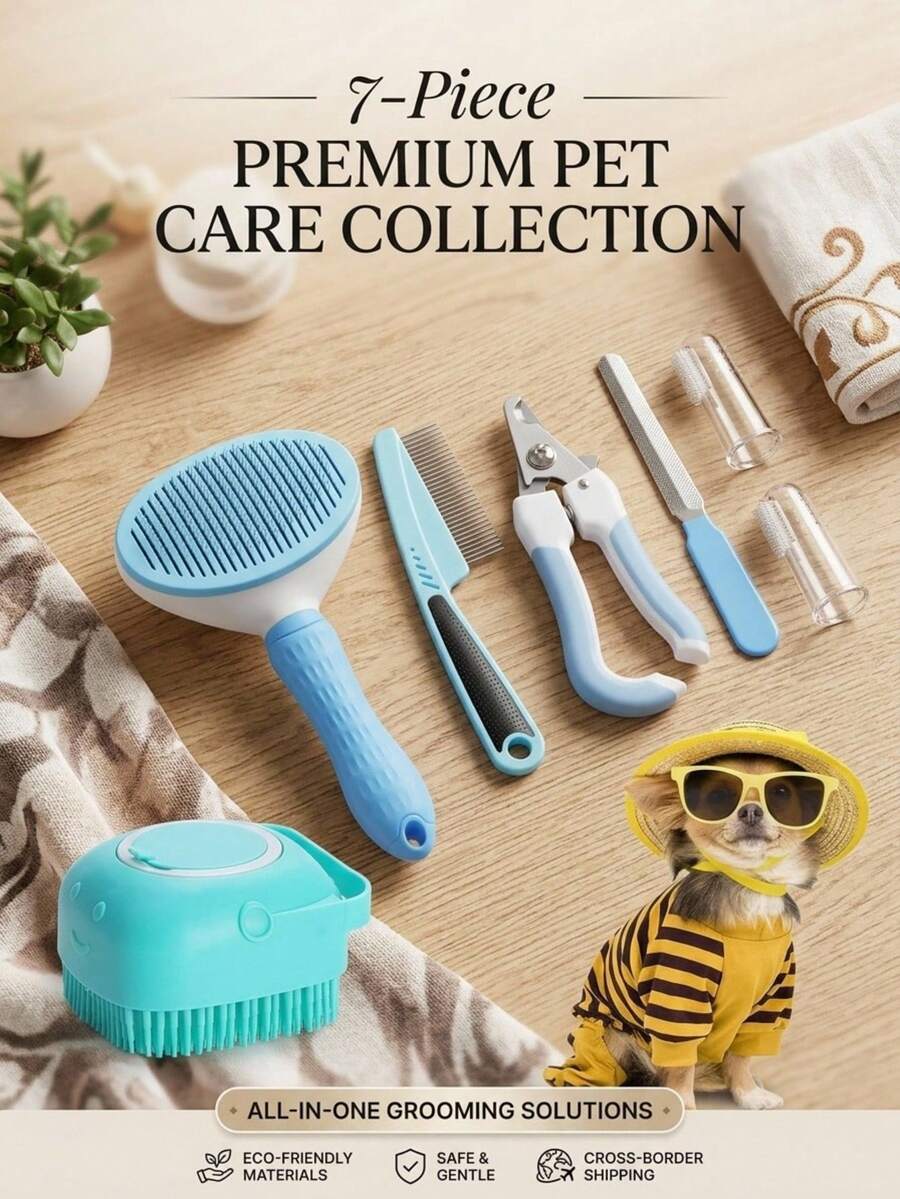 PETSIN Pet Grooming 7-Piece Set, Pet Nail Clippers And Grinder, Flea Comb, Suitable For Cats, Dogs, Rabbits, Pet Grooming SPet Cleaning Accessories, Pet Supplies - Blue seven-piece set - View 1