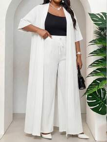 SHEIN Lady Plus Size Elegant Solid Color Front Open Short Sleeve Jacket And Drawstring Waist Pants 2-Piece Set, Summer Tea Party Vacation White - White - View 5