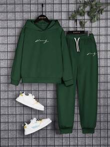 SHEIN 青少年男孩連帽衛衣與運動長褲2件套 - 墨綠色 - 查看 5