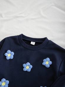 Elladie kids 女童拼接條紋花卉T恤套裝，休閒可愛學院風，寬鬆棉質，適合秋季返校、戶外運動與日常穿著，舒適 - 藍色 - 查看 6