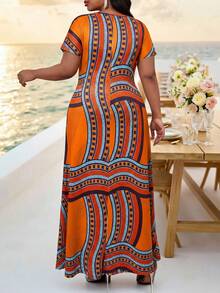 Fleurora Plus Size Geometric Print Fashion Vacation Dress - Orange - View 2