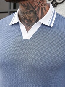 Manfinity Homme 男士大尺碼拼色短袖 Polo 衫與抽繩腰短褲休閒日常套裝 - 藍色 - 查看 6