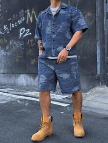 DAZY 男士夏季紋理提花短袖襯衫與短褲休閒牛仔套裝 - 藍色 - 查看 5