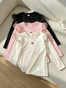 SHEIN 3件組女童秋冬荷葉袖針織雙面Dralon保暖內搭上衣，百搭圓領刺繡愛心長袖T恤 - 彩色 - 查看 10