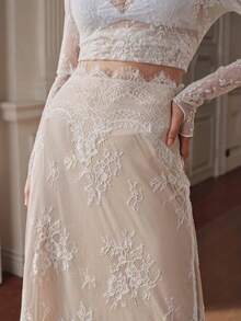 Anewsta Elegante Falda de Moda Blanca con Encaje Fino de Pestañas de Cintura Media Estilo Sirena para Mujer - Blanco - Ver 3