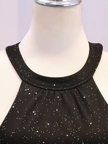 1 pezzo Abito estivo nero con glitter e scollo all'americana per ragazze adolescenti, stile elegante francese, vita arricciata laterale, senza maniche, gonna corta a trapezio, tessuto elastico, abito versatile per feste serali, appuntamenti, uscite quotidiane - nero - Visualizzare 6