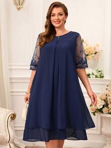 Miaspire Robe grande taille en dentelle patchwork col rond simple décontractée élégante tenue d'été pour femmes robe modeste pour femmes robe d'invitée de mariage femme dentelle mousseline - Bleu marine - Voir 1