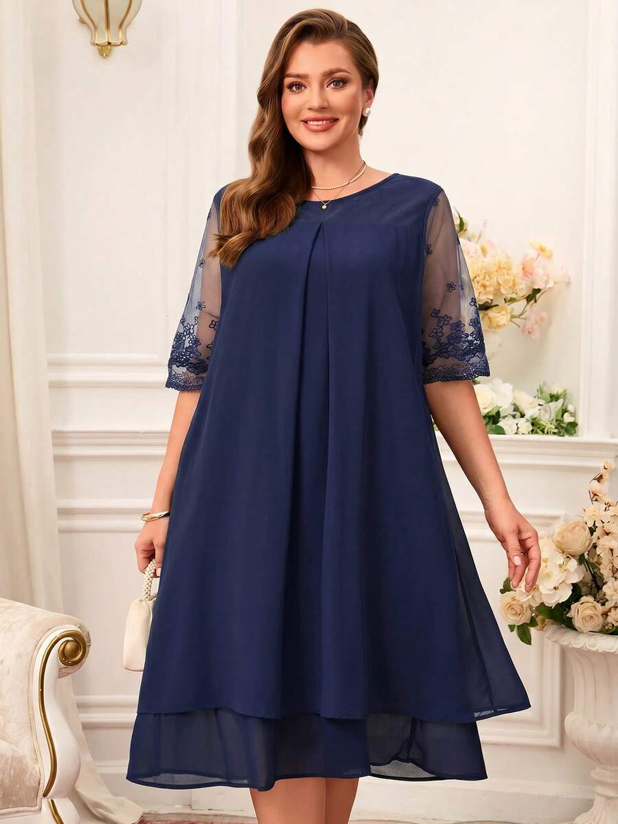 Miaspire Robe grande taille en dentelle patchwork col rond simple décontractée élégante tenue d'été pour femmes robe modeste pour femmes robe d'invitée de mariage femme dentelle mousseline - Bleu marine - Voir 1
