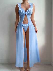 Elorette 2pcs Set: Floral Lace Contrast Mesh Maxi Nightgown + G-String Underwear, Wedding Design - Blue - View 6