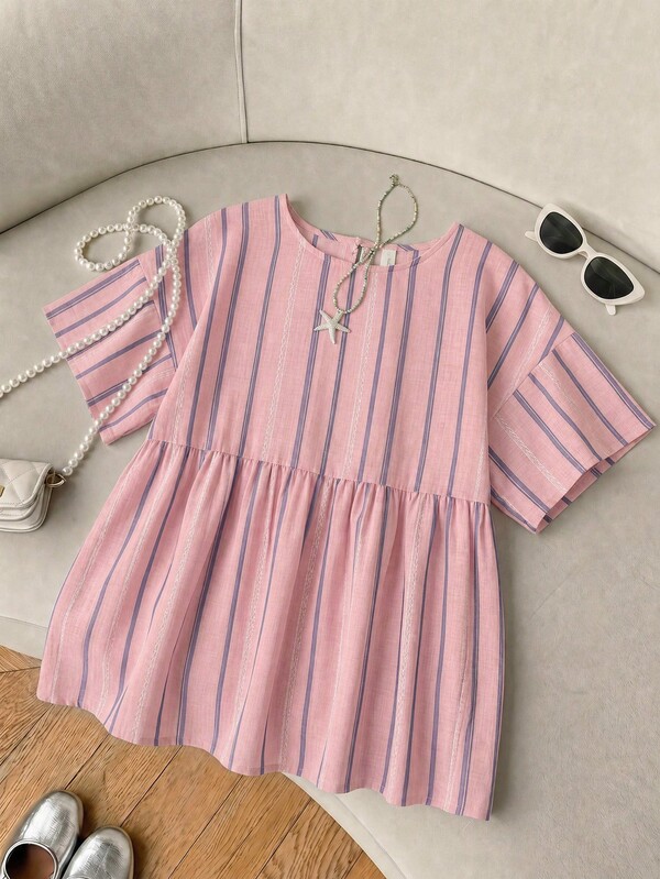 Blusa Feminina de Gola Redonda Listrada Plissada Casual para Uso Diário