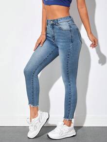 SHEIN PETITE High Waist Raw Hem Skinny Jeans ,Petite Women - Medium Wash - View 4
