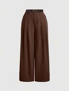 SHEIN MOD Pantalones retro de pierna ancha para mujer talla grande con cinturón de cuero color caqui para otoño/invierno - Marrón - Ver 1