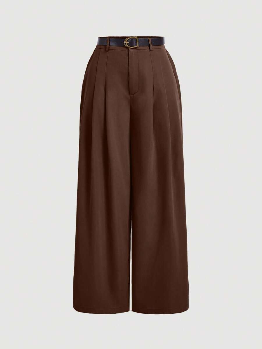 SHEIN MOD Pantalones retro de pierna ancha para mujer talla grande con cinturón de cuero color caqui para otoño/invierno - Marrón - Ver 1
