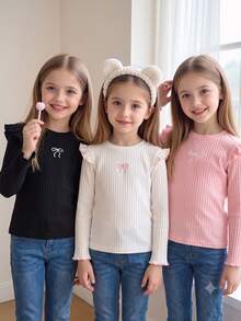Genkimix Kids 3pcs/Set Girls Autumn/Winter Ruffle Flutter Sleeve Knitted Base Layer, Versatile Round Neck Embroidered Bow Long Sleeve T-Shirt - Multicolor - View 5