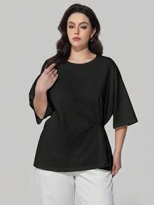 Maija Damen-T-Shirt in Große Größen, einfarbig, mit Rundhalsausschnitt, Drop-Shoulder, Knoten an der Taille, Seitenschlitz am Saum, lässig, Business Casual, gestrickt/gewebt, elegant, für Herbst und Halloween - Schwarz - Übersicht 3