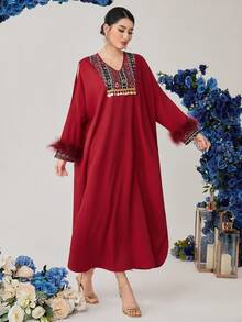 Al Najma Patchwork Besticktes Plüsch Ärmelbündchen V-ausschnitt Lockeres Kleid - Rot - Übersicht 7