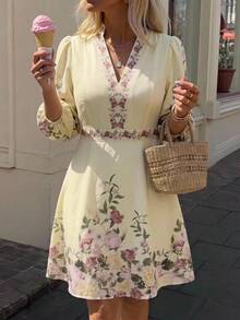 Vivid Eden Plus Size Women's Floral Print Petal Sleeve Elegant Traditional Vacation Dress, Boho Puff 3/4 Sleeve Sundress, Autumn Outfit, Fall Formal Brunch Pink - Beige - View 2