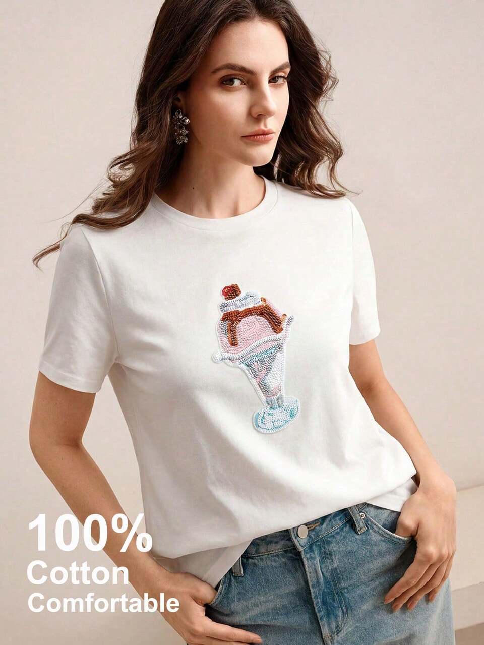 Anewsta Women's Elegant Minimalist Summer T-Shirt With Playful Ice Cream Applique Embroidery, 100% Cotton