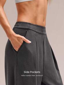 GLOWMODE Pantalones de chándal de pierna ancha de cintura alta de 28" de modal acanalado Glow Easy con cordón ajustable & bolsillos laterales para entrenamiento, ejercicio, uso diario y casual activo - Gris - Ver 3