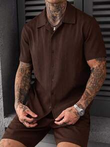 SLATEMANN 男士休閒單排扣短袖襯衫與抽繩腰口袋短褲套裝 - 咖啡棕 - 查看 5