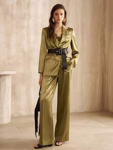 MOTF PREMIUM WOMEN'S SATIN TEXTURED SUIT PANTS, FASHION COMMUTE, AUTUMN/WINTER - Green - View 2