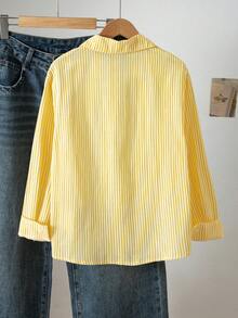 SHEIN 1件青少年女孩翻領長袖鈕扣式直條紋襯衫，胸前刺繡圖案，休閒上衣，秋季 - 黃色 - 查看 2