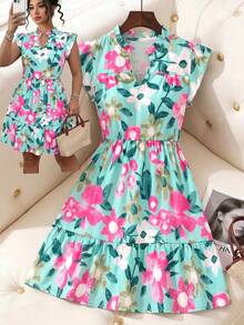 GlowEve CURVE Plus Size Women's Casual Loose V-Neck Flutter Sleeve Floral Print Dress, Suitable For Vacation, Commute And Daily Wear, Spring/Summer - Multicolor - View 8