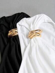 SHEIN EZwear European & American Style Sexy Design Summer Asymmetric Neck Metal Buckle Decor Lace Patchwork Asymmetrical Hem Black & White Set Women's Top - Black and White - View 4