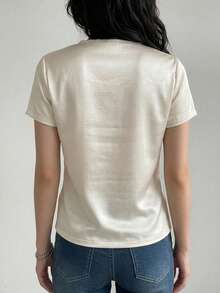DAZY Camiseta de mujer de manga corta, cuello redondo, ajustada y de color liso para el verano - Blanco - Ver 2