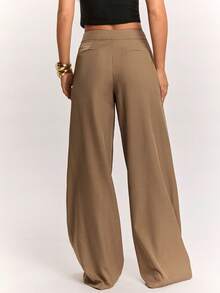SHEIN BAE Women's Casual Commute Khaki Asymmetrical Placket Wide Leg Long Pants, Casual Long Pants, Daily Streetwear Long Pants, Back To School Long Pants, Autumn Long Pants, Airport, Khaki Long Pants - Khaki - View 2
