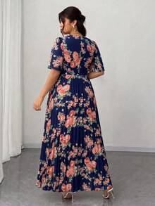 Elenzga Plus Size Women's Summer Navy Blue Floral Dress, Short Sleeve Ruffle Sleeve Deep V-Neck Cinched Waist Pleated Maxi Dress, Elegant Party Wedding Guest - Navy Blue - View 2