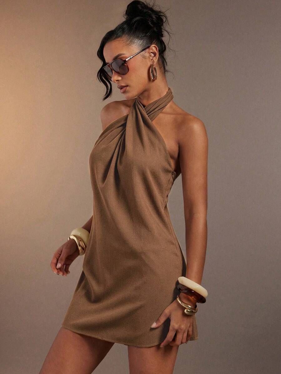 Hauture Women's Sexy Abstract Animal Skin Zebra Brown Print Linen Cross Halter Mini Dress - Brown - View 1