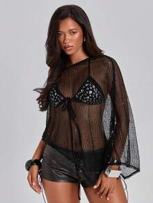 ACID BLVD Spring/Summer 2K Hot Girl Party Sheer Mesh Hollow Out Cape Cover-Up Sun Protection Top And Rivet Bikini Tank Top 2pcs Set - Black - View 8