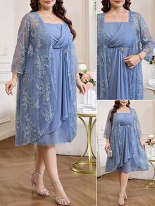 Reflora Conjunto elegante de bata y vestido de malla bordada para mujer de talla grande - Azul - Ver 2