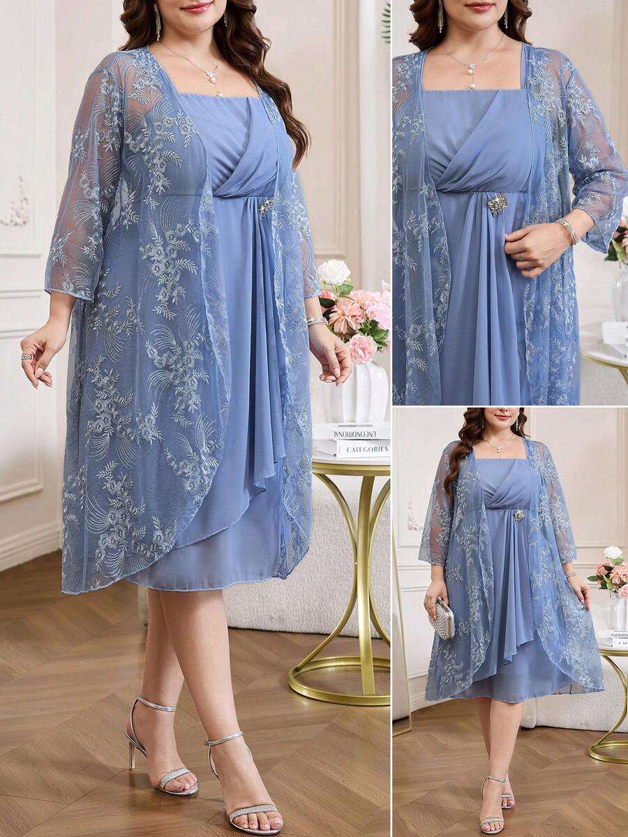 Reflora Plus Size Women Embroidered Mesh Robe And Dress Elegant Set Wedding Formal Gym Dusty Blue Autumn Fall - Blue - View 1