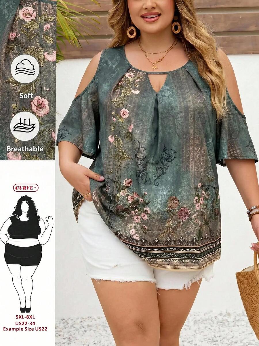 SHEIN CURVE+ Plus Size Women's Floral Print Casual 90s Boho Versatile Everyday Vacation Party Vacation Vacation Outing Shirt Green Summer Vacation - Green - View 1