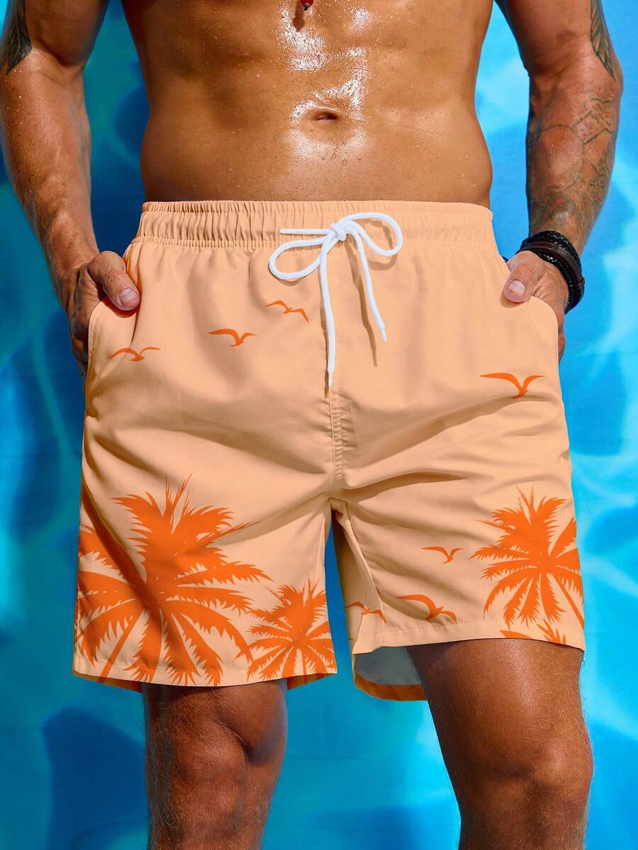 Manfinity KASUA Men's Palm Tree Print Drawstring Waist Beach Shorts - Orange - View 1