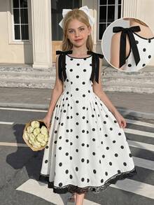 SHEIN Serisse Kids 少女休閒法式優雅波點印花拼接收腰長洋裝，休閒優雅百搭日常款，適合儀式、派對及各種場合，畢業季穿搭新款女童洋裝 - 白色 - 查看 3