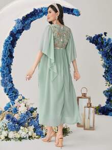 Al Najma Camisa Larga Estilo Turco Para Mujer Con Cuentas, Bordados Y Dobladillo Con Volantes - verde menta - Ver 2