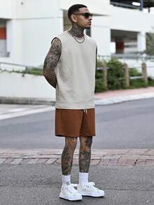 Devon Thys 男士针织提花纹理纯色罗纹背心套装 - 卡其色 - 查看 3
