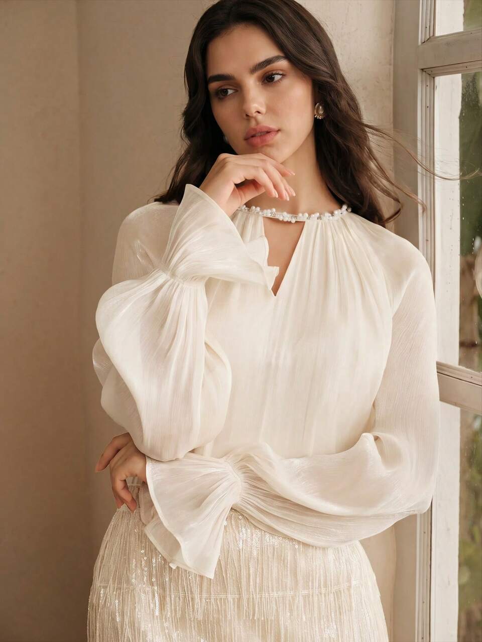 Anewsta Women's New Elegant Elegant Intellectual Party Banquet Shiny Fabric Rhinestone Decor Sexy V-Neck Long Sleeve Blouse