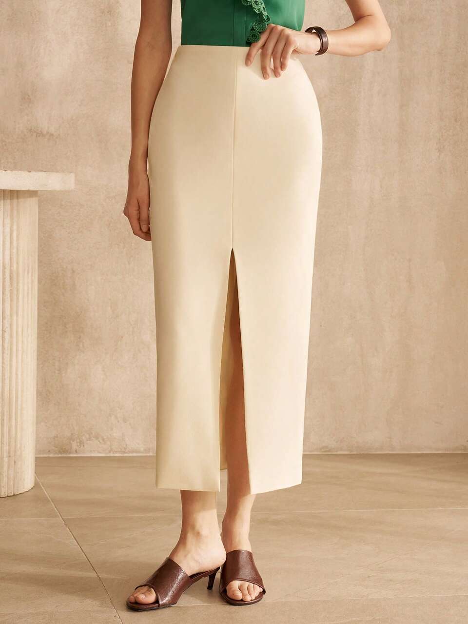 MOTF Falda recta con abertura en el muslo color albaricoque para mujer, estilo de oficina de moda, otoño/invierno