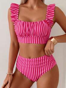 Swim Basics 2件組女款夏季海灘優雅極簡度假風黑白波點荷葉邊細肩帶抓皺上衣與高腰抓皺三角比基尼泳褲套裝 - 玫紅色 - 查看 5