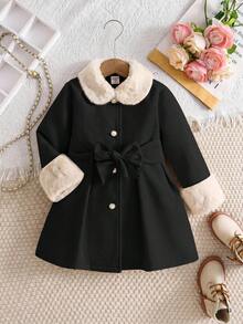 SHEIN Emery Rose Kids 女童秋冬百搭時尚羊毛拼接毛絨領中長版繫帶大衣，保暖內裡羊毛外套，秋冬外套 - 黑色 - 查看 2