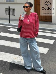Muchica 女款圓領條紋拼色休閒百搭日常穿搭T恤 - 彩色 - 查看 6